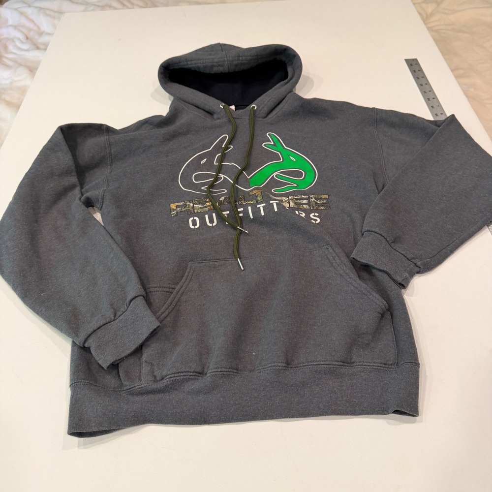 Realtree Outfitters Mens Hoodie Medium Charcoal Grey Green Graphic Logo Pullover